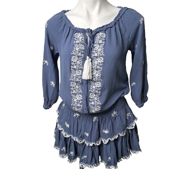 Vintage Havana Dresses & Skirts - Vintage Havana Blue Mini Tiered Fringe Dress S Boho Festival Western Coastal Y2K